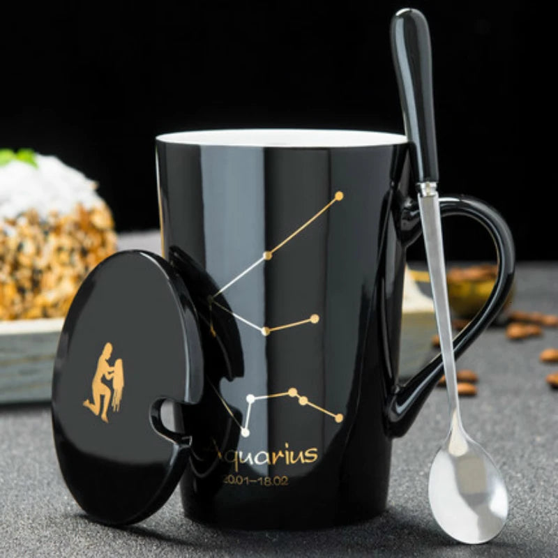 Zodiac Ceramic Mugs with Spoon Lid | Unique Constellation Drinkware