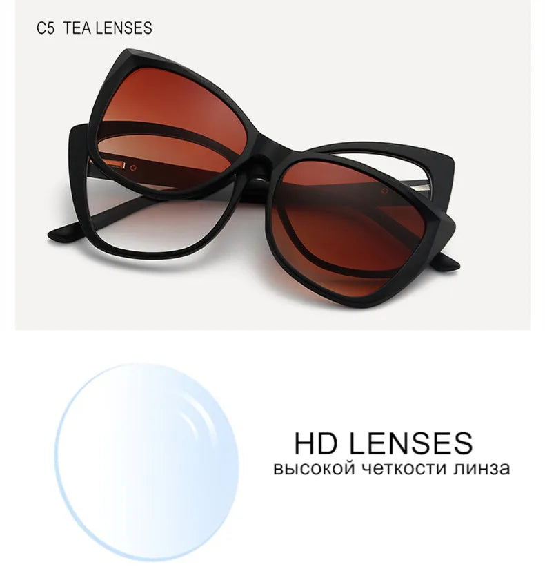 Stylish Cat Eye Prescription Glasses with Clip-On Sunglasses