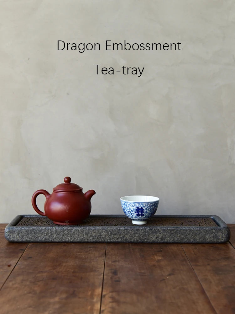 Bandeja de té con tótem de dragón tallado a mano | Elegante decoración volcánica negra
