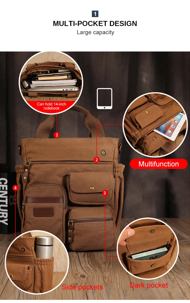 Men's Vintage Canvas Crossbody Handbag | Large Casual Tote Bag
