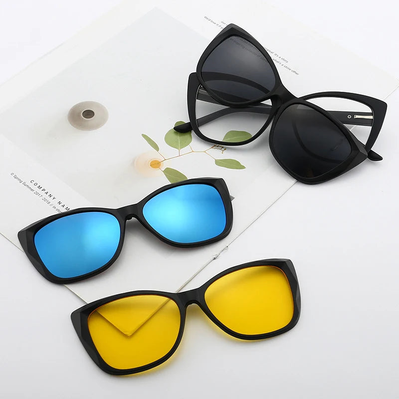 Stylish Cat Eye Prescription Glasses with Clip-On Sunglasses