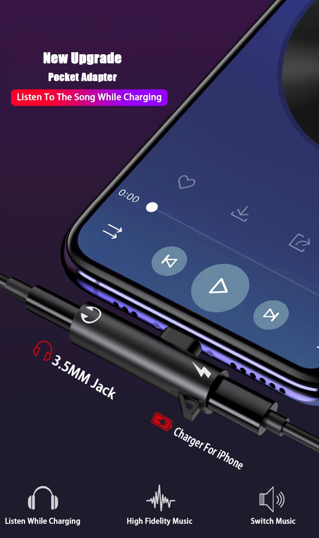 2 in 1 Audio Headphone Charging Adapter | Dual Splitter for iPhone