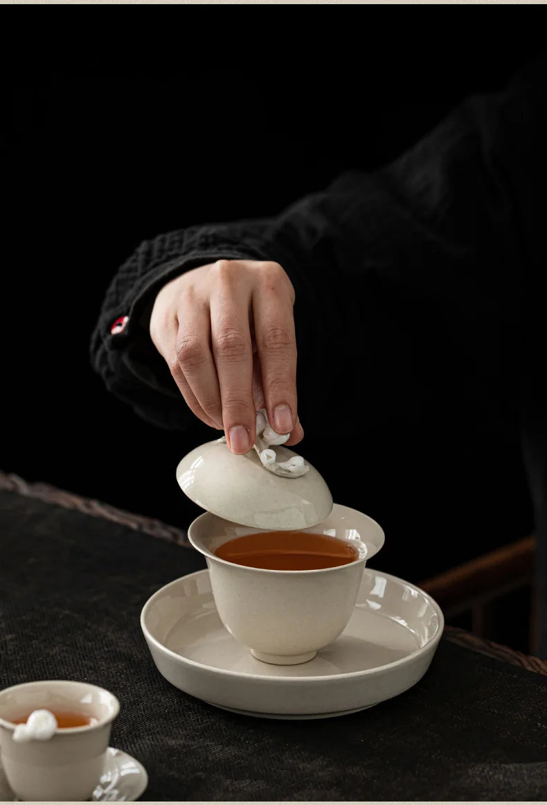 Elegante Gaiwan de Cerámica Esmaltada con Ceniza Vegetal Retro | Perfecto Servicio de Té