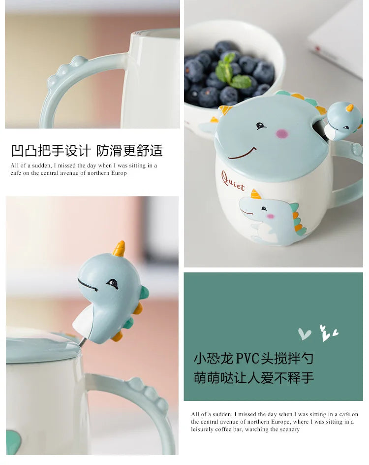 Dinosaur Cartoon Ceramic Mug with Lid & Spoon | Fun Breakfast Cups