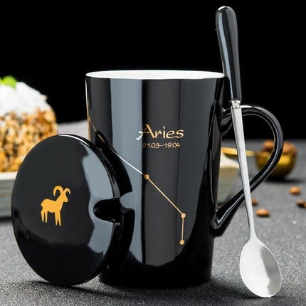 Zodiac Ceramic Mugs with Spoon Lid | Unique Constellation Drinkware