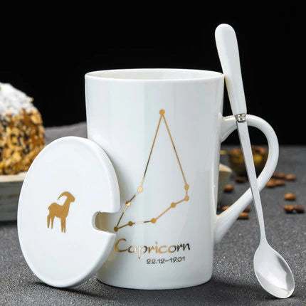 Zodiac Ceramic Mugs with Spoon Lid | Unique Constellation Drinkware