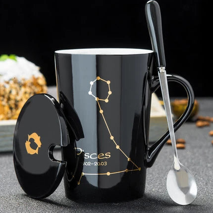 Zodiac Ceramic Mugs with Spoon Lid | Unique Constellation Drinkware