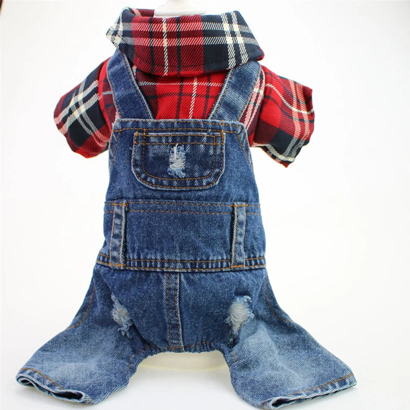 Stylish Pet Denim Plaid Jumpsuit Hoodie | Perfect for Spring & Autumn