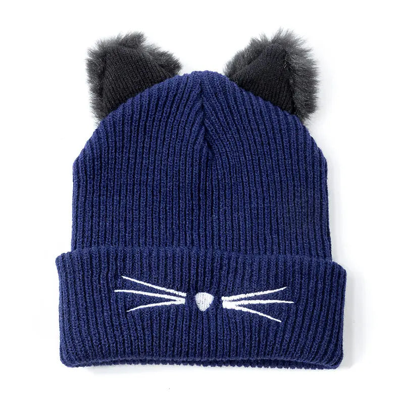 Women's Cute Cat Ear Beanie Hat | Warm Acrylic Knit Winter Skull Cap