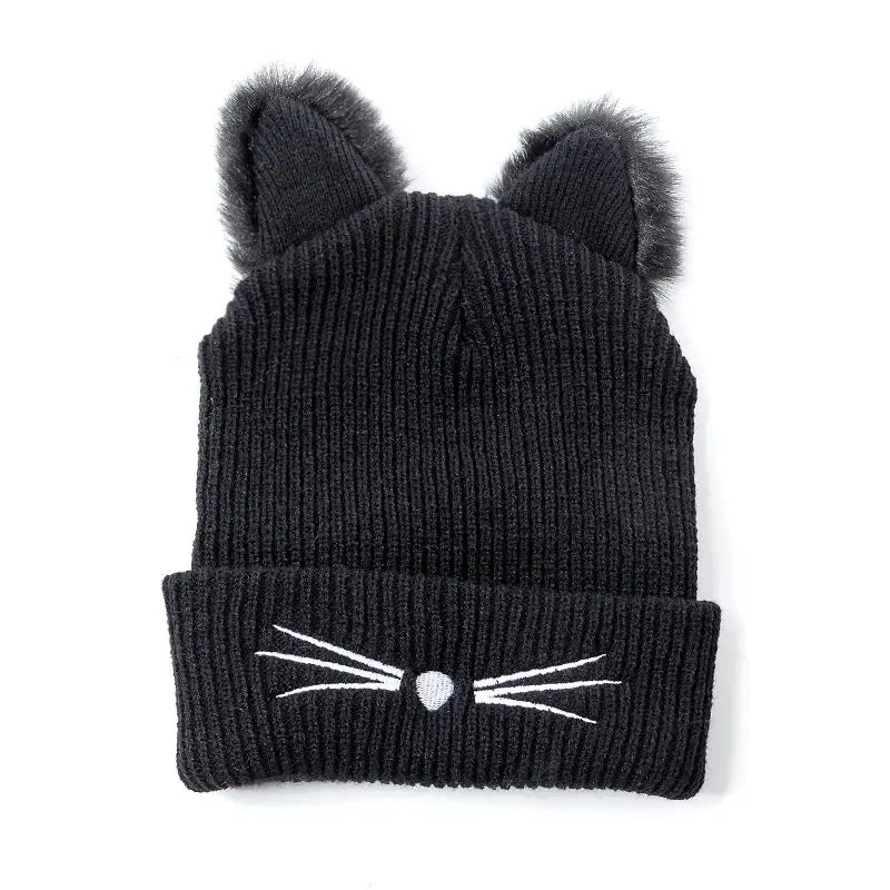 Women's Cute Cat Ear Beanie Hat | Warm Acrylic Knit Winter Skull Cap