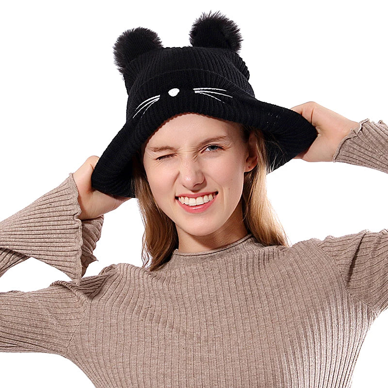 Women's Cute Cat Ear Beanie Hat | Warm Acrylic Knit Winter Skull Cap