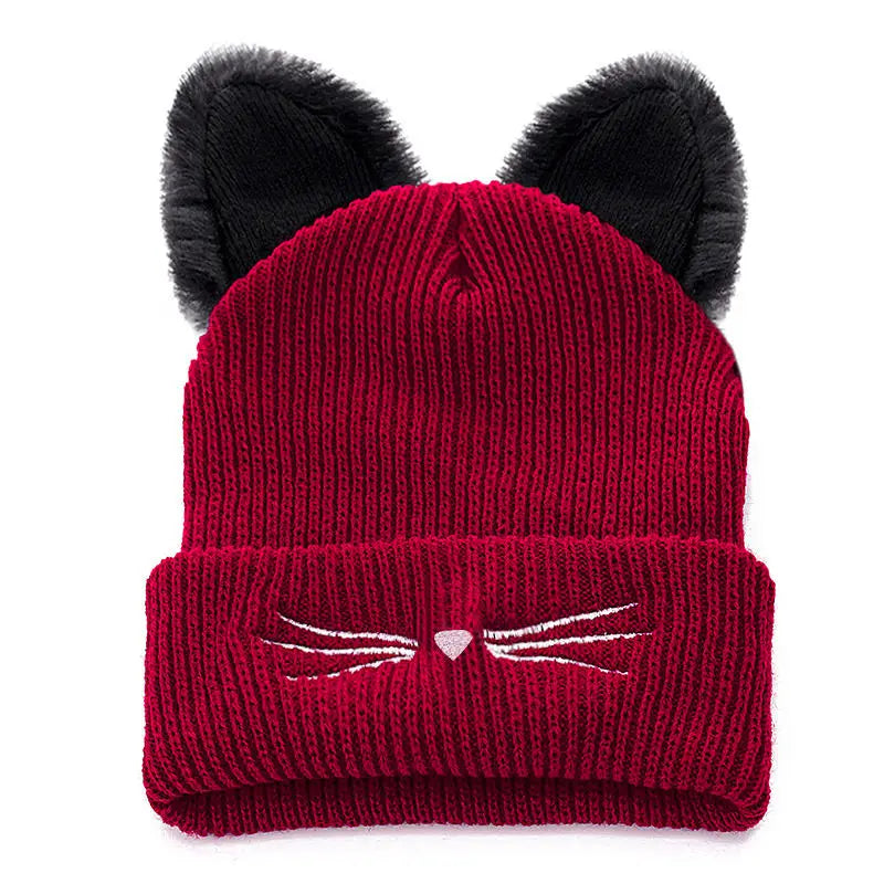 Women's Cute Cat Ear Beanie Hat | Warm Acrylic Knit Winter Skull Cap