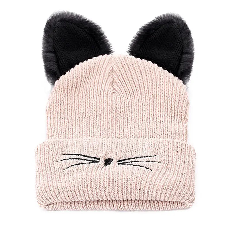Women's Cute Cat Ear Beanie Hat | Warm Acrylic Knit Winter Skull Cap