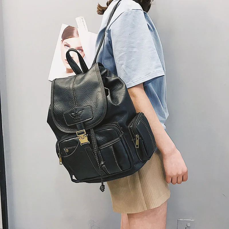 Vintage Leather Backpack for Women | Chic & Spacious School Bag