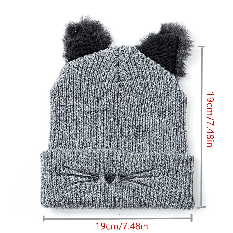 Women's Cute Cat Ear Beanie Hat | Warm Acrylic Knit Winter Skull Cap
