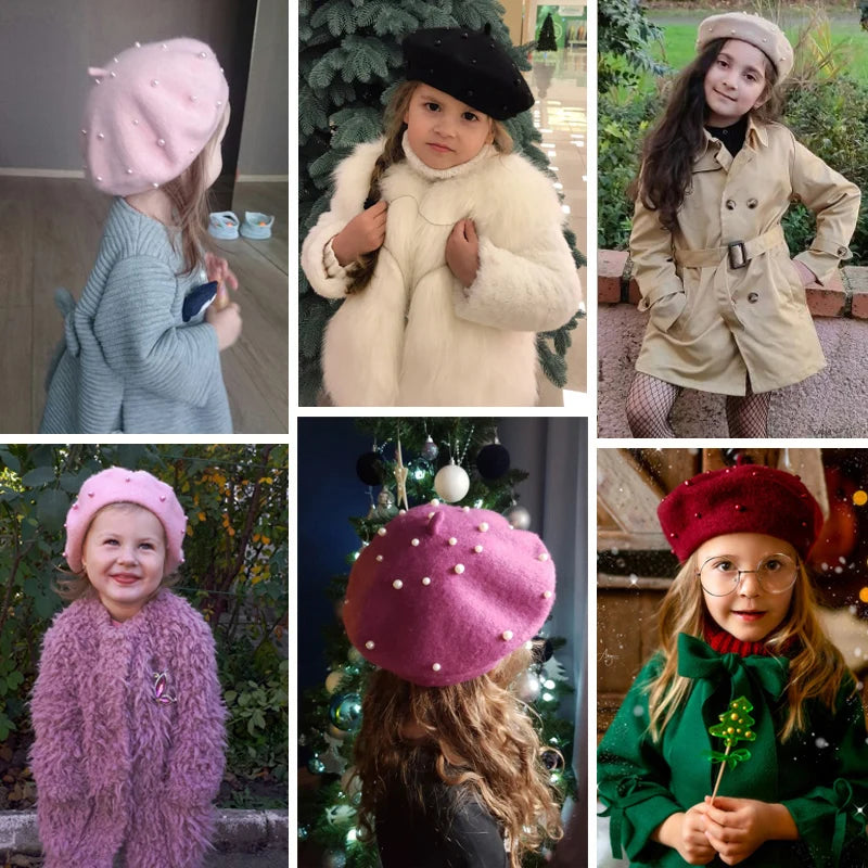 Wool Kids Winter Hat | Stylish Baby Beret with Pearl Detailing
