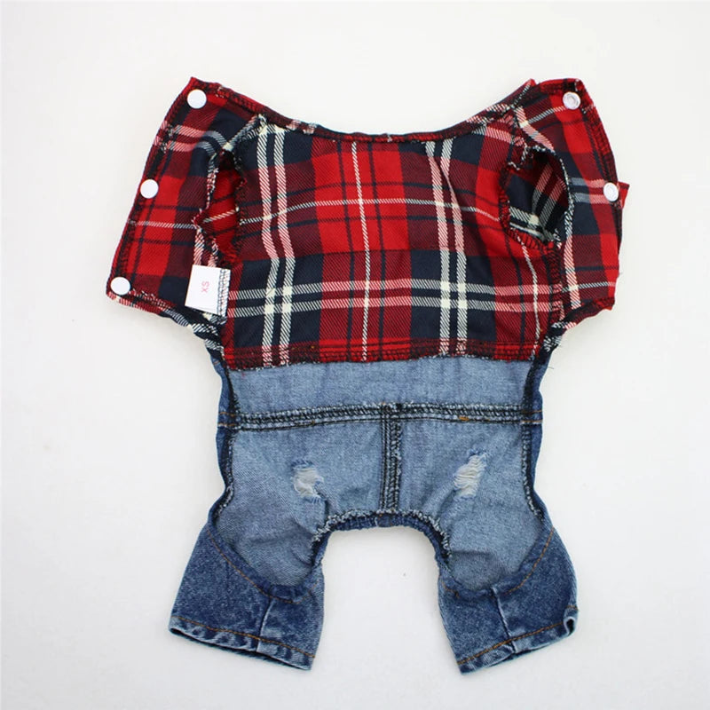 Stylish Pet Denim Plaid Jumpsuit Hoodie | Perfect for Spring & Autumn