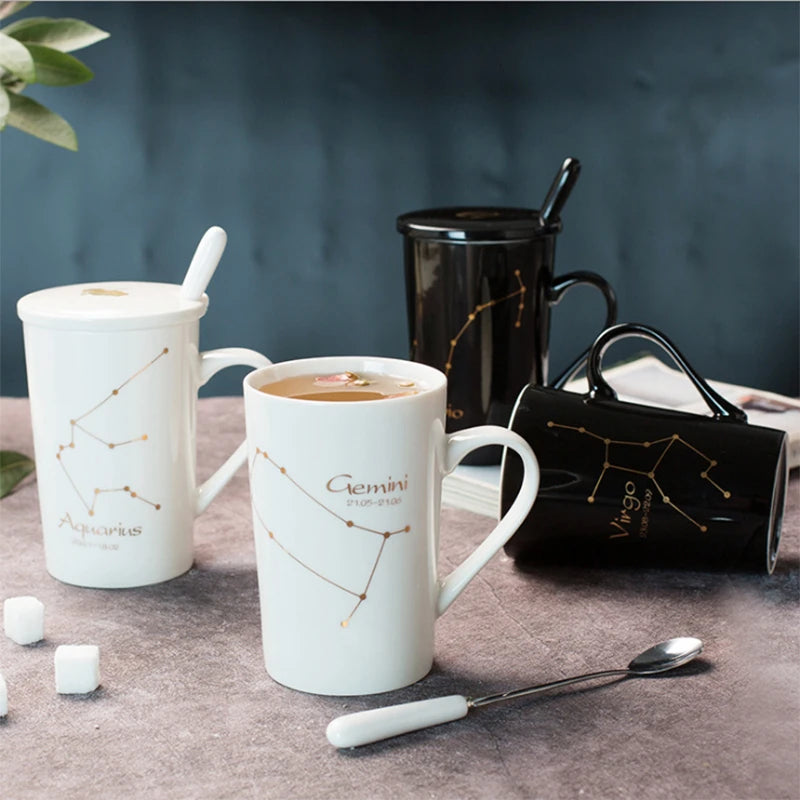 Zodiac Ceramic Mugs with Spoon Lid | Unique Constellation Drinkware