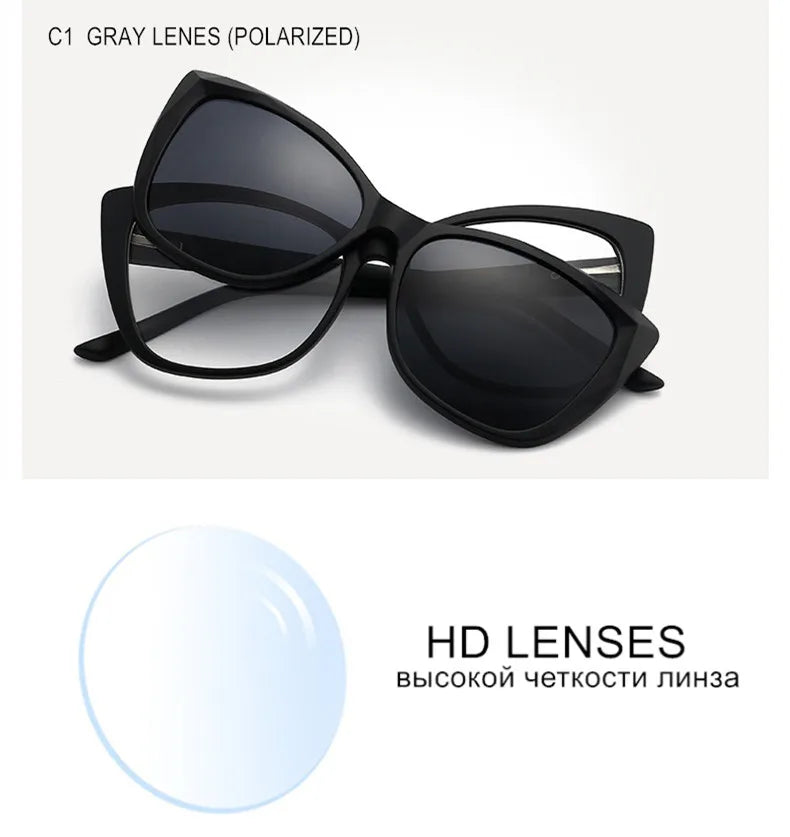 Stylish Cat Eye Prescription Glasses with Clip-On Sunglasses