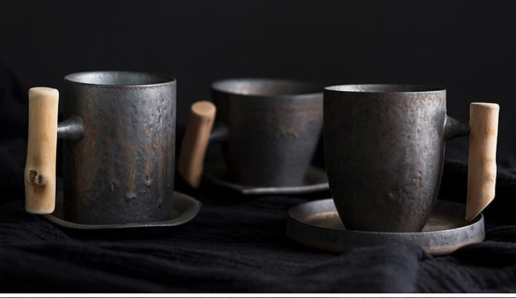 Vintage Ceramic Tea Cup Set with Wooden Handle | Elegant Drinkware