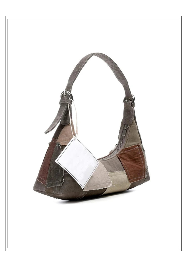 Trendy Patchwork Canvas Shoulder Bag | Stylish Retro Handbag