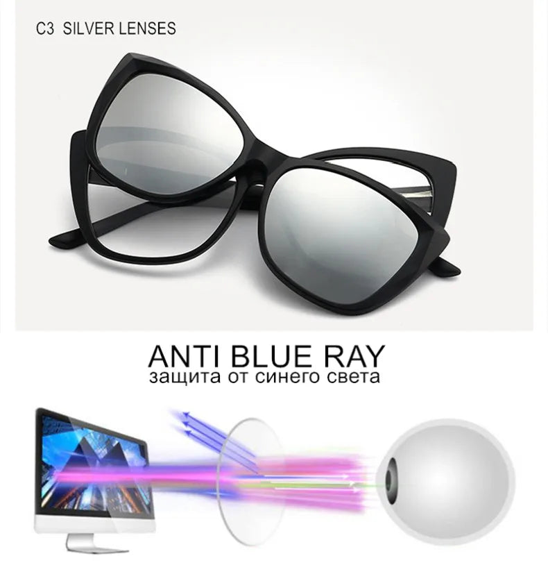 Stylish Cat Eye Prescription Glasses with Clip-On Sunglasses