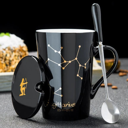 Zodiac Ceramic Mugs with Spoon Lid | Unique Constellation Drinkware