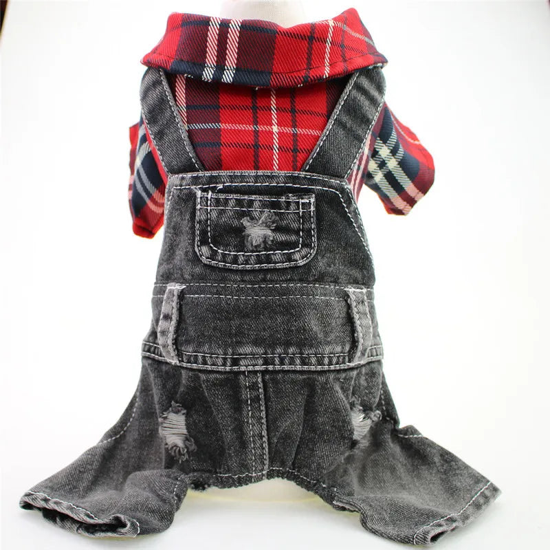 Stylish Pet Denim Plaid Jumpsuit Hoodie | Perfect for Spring & Autumn