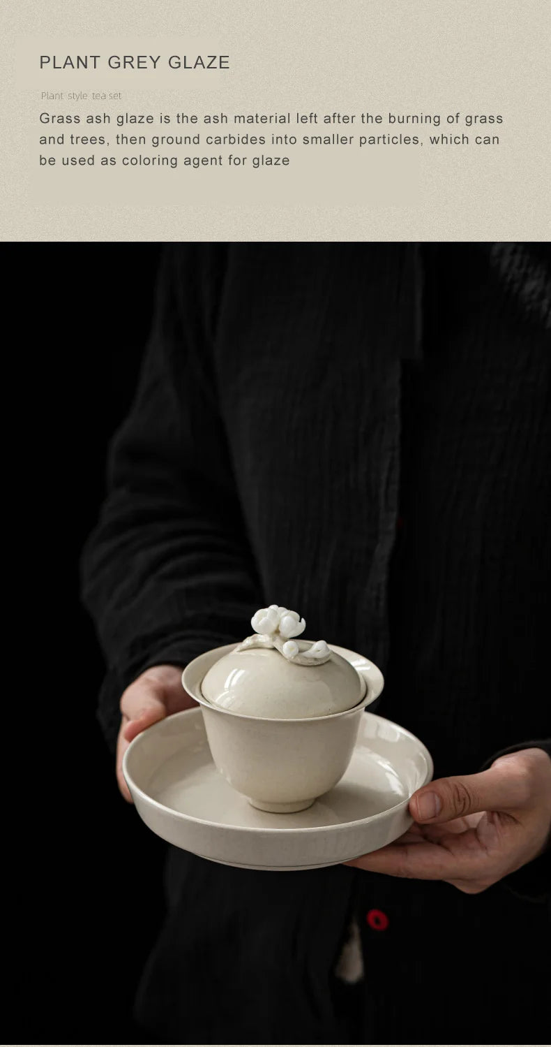 Elegante Gaiwan de Cerámica Esmaltada con Ceniza Vegetal Retro | Perfecto Servicio de Té
