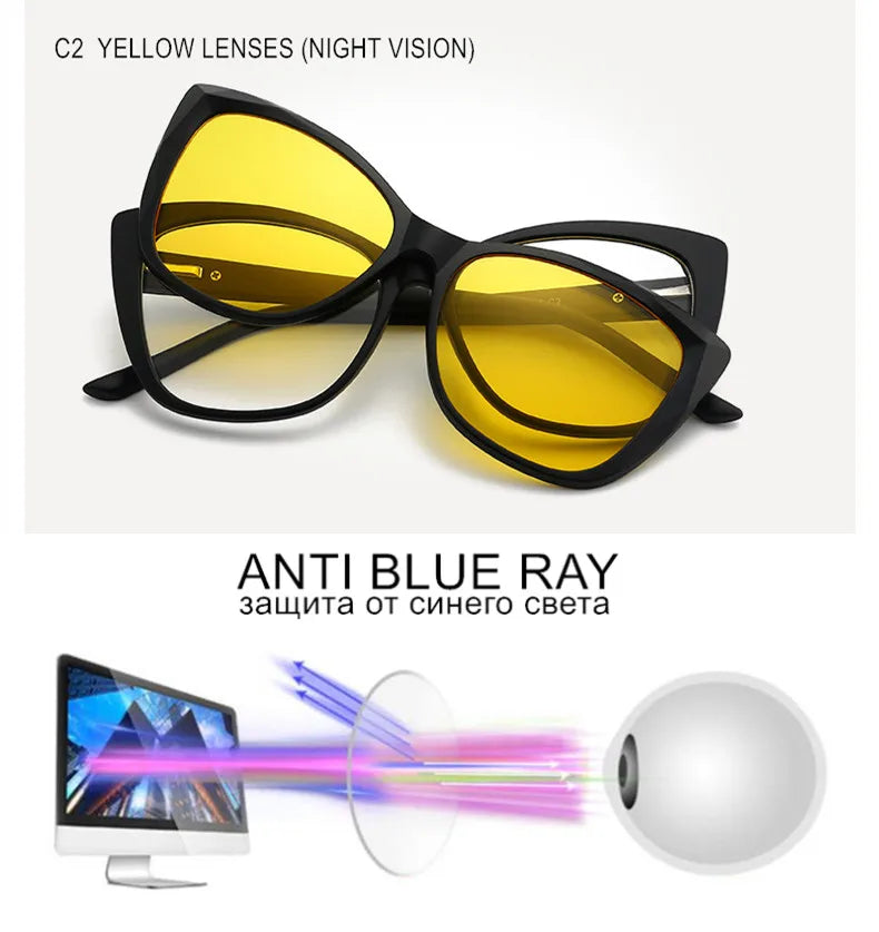 Stylish Cat Eye Prescription Glasses with Clip-On Sunglasses