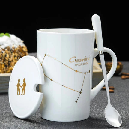 Zodiac Ceramic Mugs with Spoon Lid | Unique Constellation Drinkware