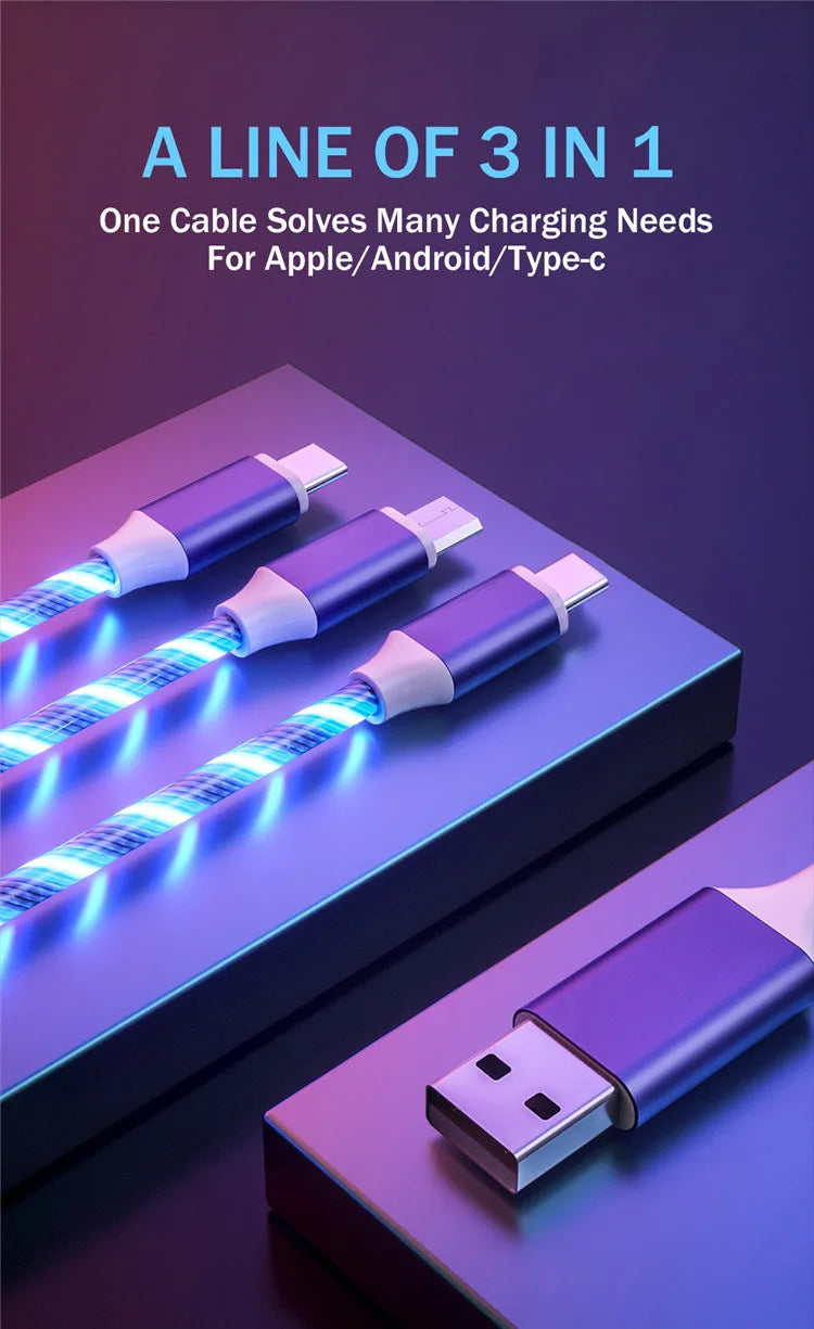 3 in 1 Glowing LED Cable | Fast Micro USB & Type-C Charging