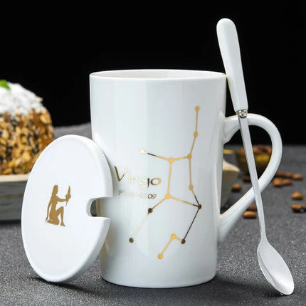 Zodiac Ceramic Mugs with Spoon Lid | Unique Constellation Drinkware