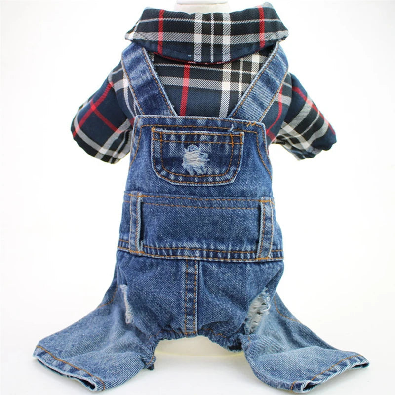 Stylish Pet Denim Plaid Jumpsuit Hoodie | Perfect for Spring & Autumn