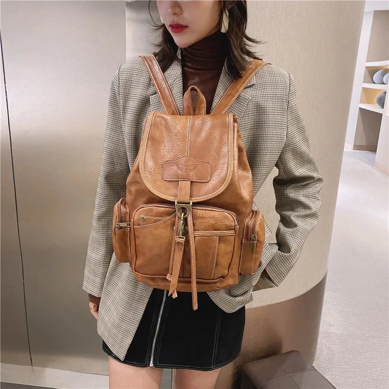 Vintage Leather Backpack for Women | Chic & Spacious School Bag