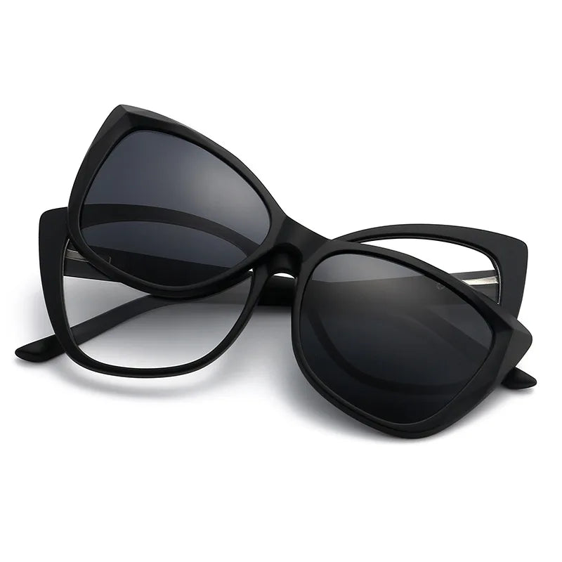 Stylish Cat Eye Prescription Glasses with Clip-On Sunglasses