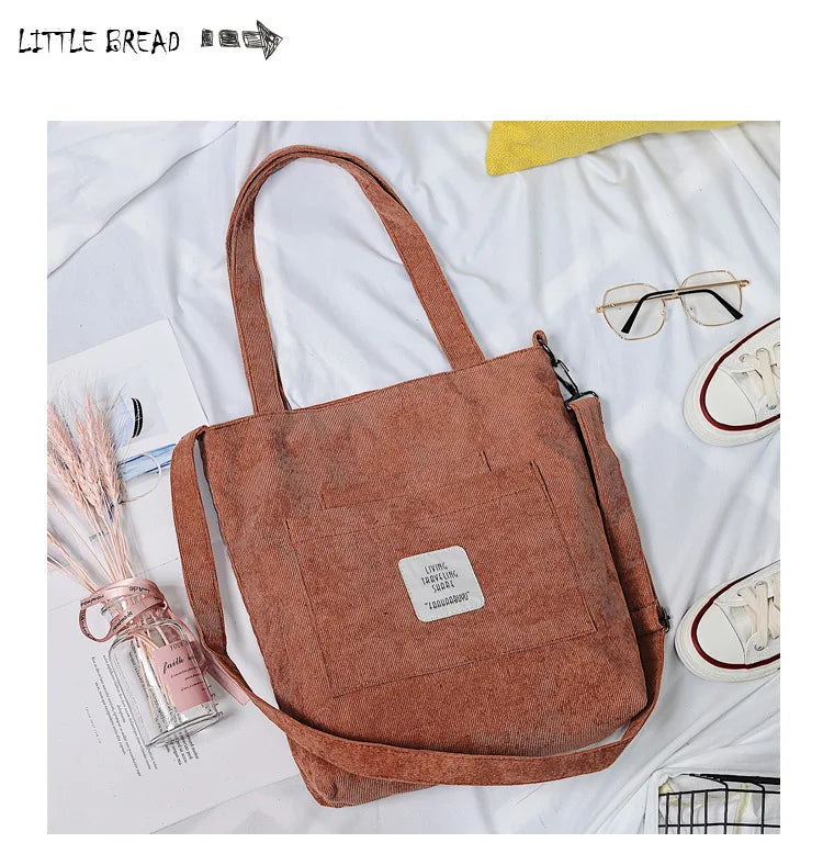 Casual Women’s Canvas Shoulder Bag | Soft Corduroy Tote Purse