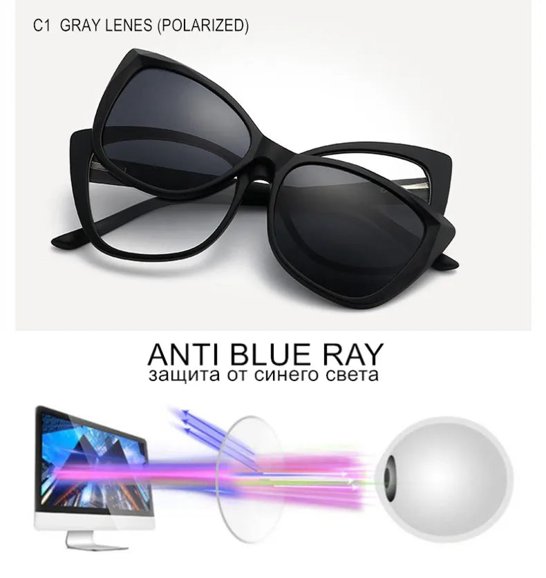 Stylish Cat Eye Prescription Glasses with Clip-On Sunglasses