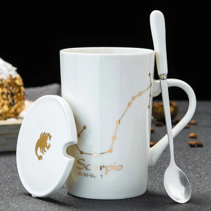 Zodiac Ceramic Mugs with Spoon Lid | Unique Constellation Drinkware