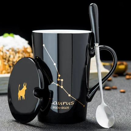 Zodiac Ceramic Mugs with Spoon Lid | Unique Constellation Drinkware
