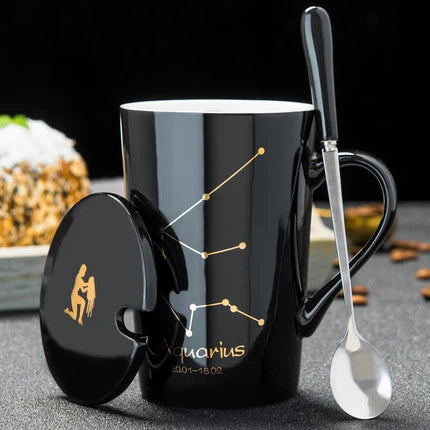 Zodiac Ceramic Mugs with Spoon Lid | Unique Constellation Drinkware