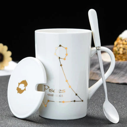 Zodiac Ceramic Mugs with Spoon Lid | Unique Constellation Drinkware