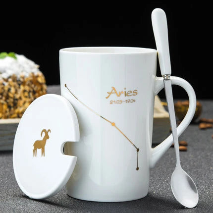 Zodiac Ceramic Mugs with Spoon Lid | Unique Constellation Drinkware