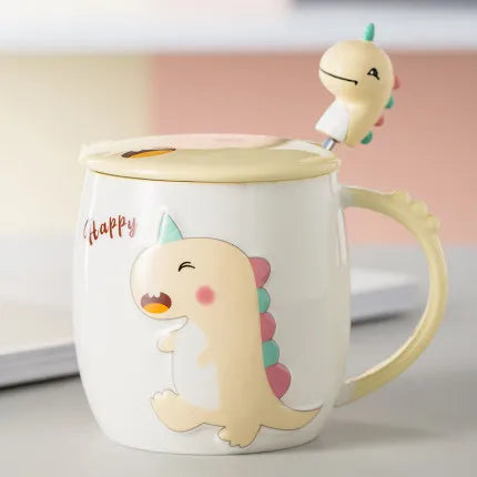 Dinosaur Cartoon Ceramic Mug with Lid & Spoon | Fun Breakfast Cups