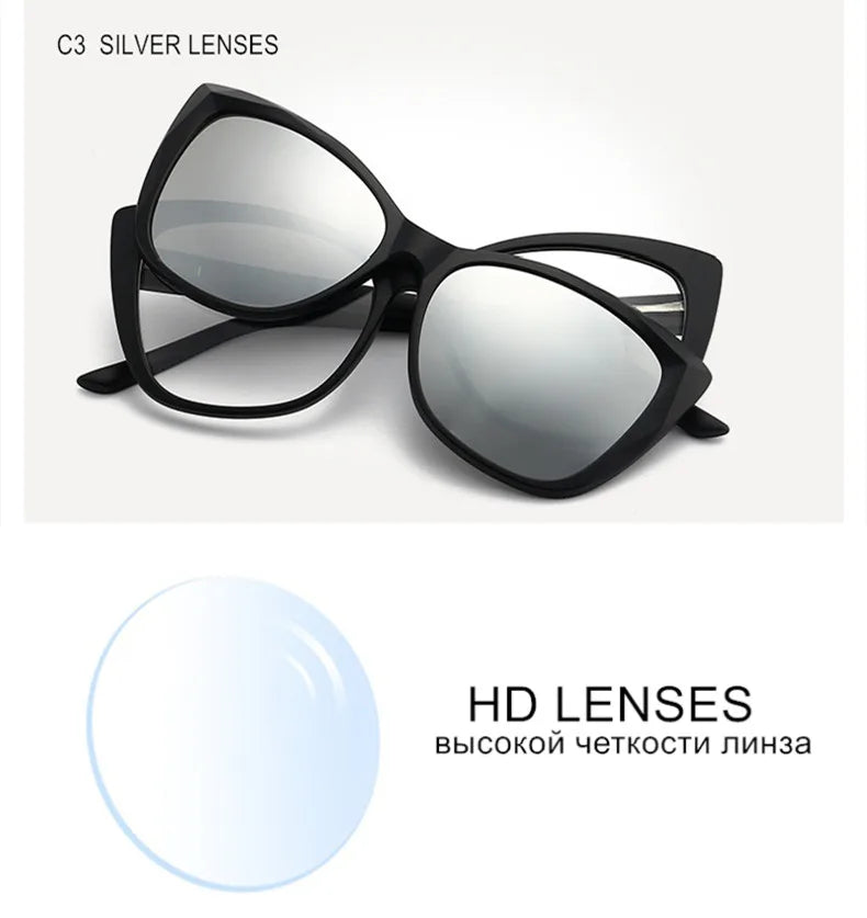 Stylish Cat Eye Prescription Glasses with Clip-On Sunglasses