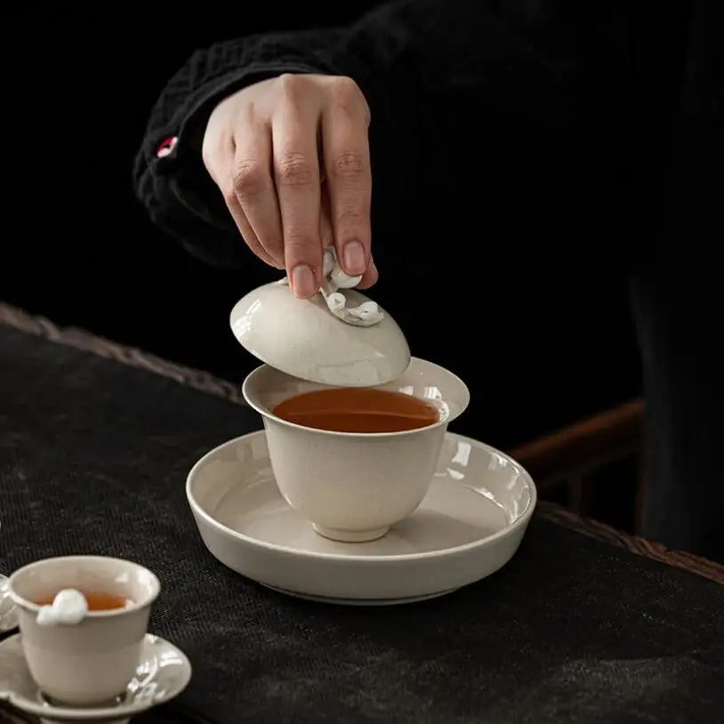 Elegante Gaiwan de Cerámica Esmaltada con Ceniza Vegetal Retro | Perfecto Servicio de Té
