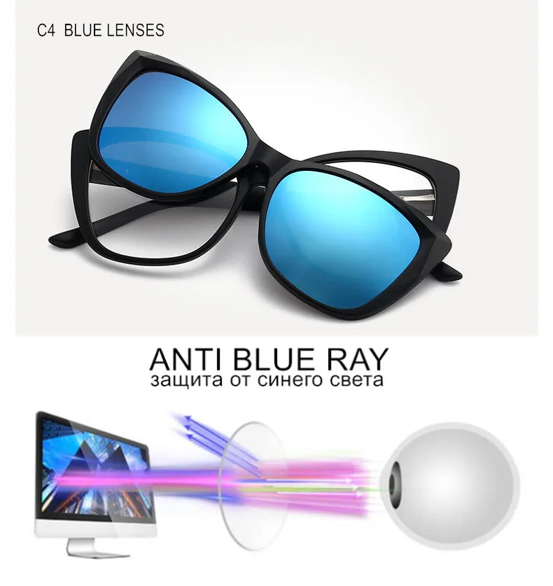 Stylish Cat Eye Prescription Glasses with Clip-On Sunglasses