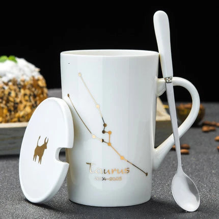 Zodiac Ceramic Mugs with Spoon Lid | Unique Constellation Drinkware