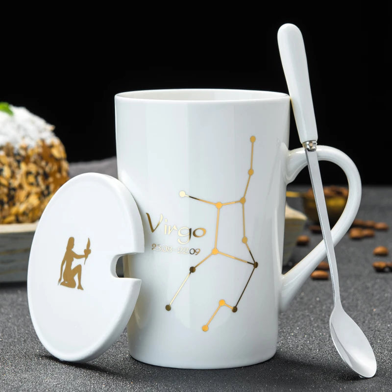 Zodiac Ceramic Mugs with Spoon Lid | Unique Constellation Drinkware