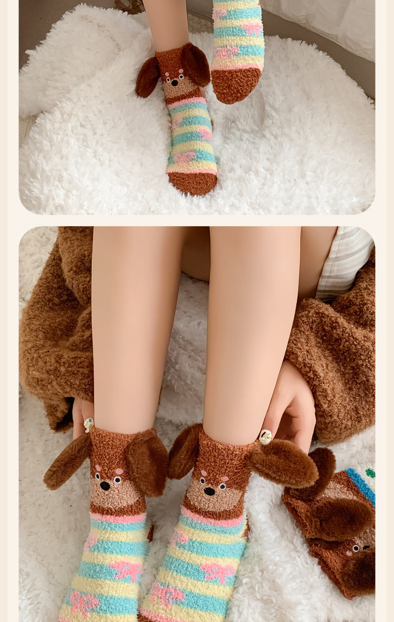 Warm Coral Velvet Sleep Socks for Women | Adorable Cartoon Puppy Design